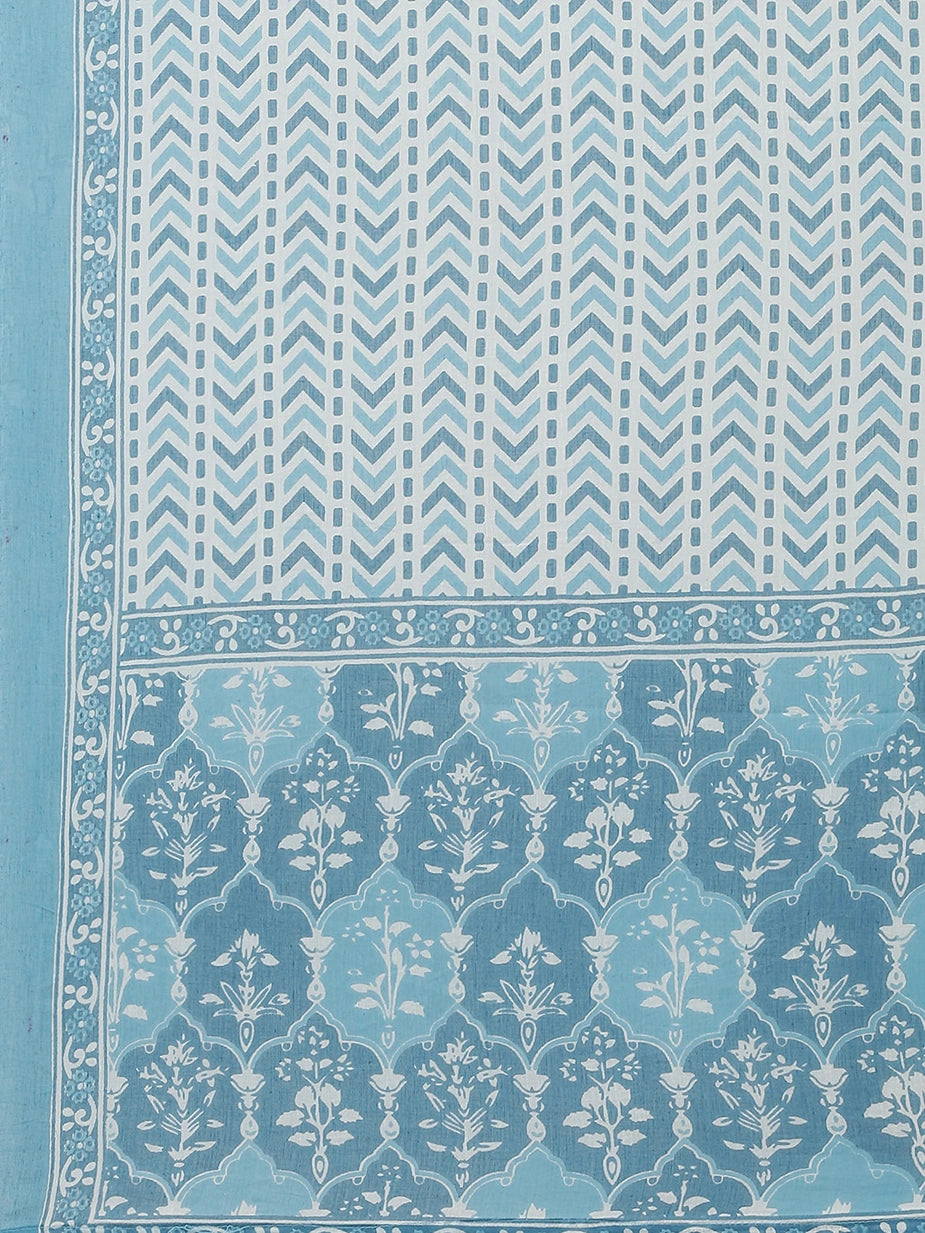 Blue Printed Straight Shape Regular Style Dupatta Set