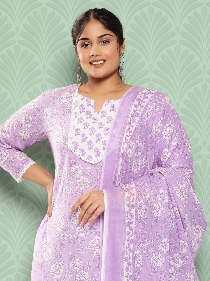 Plus Size Floral Printed Pure Cotton Kurta with Trousers & With Dupatta
