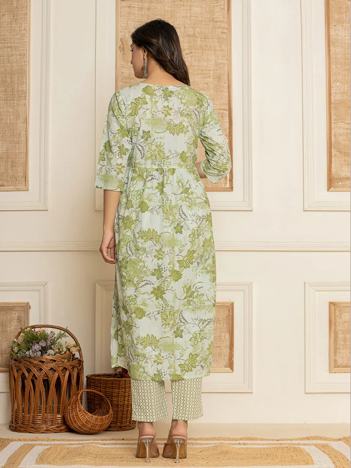Green Floral Print Cotton Alia-Cut Kurta And Trousers With Dupatta