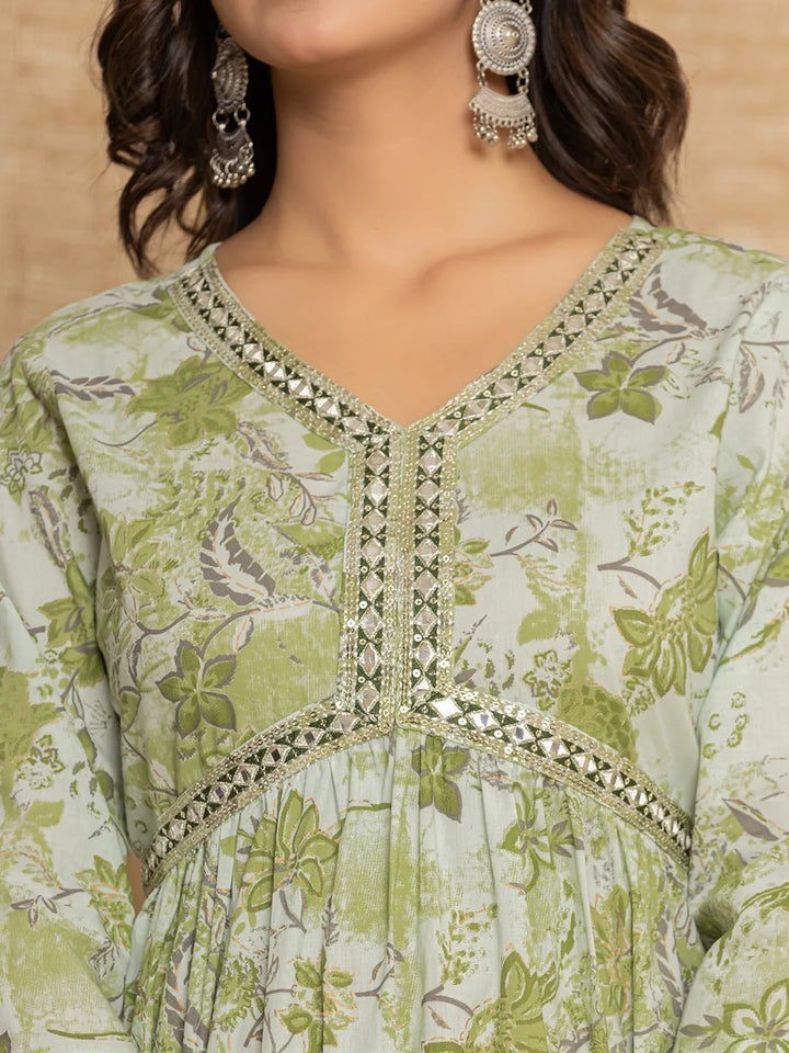 Green Floral Print Cotton Alia-Cut Kurta And Trousers With Dupatta