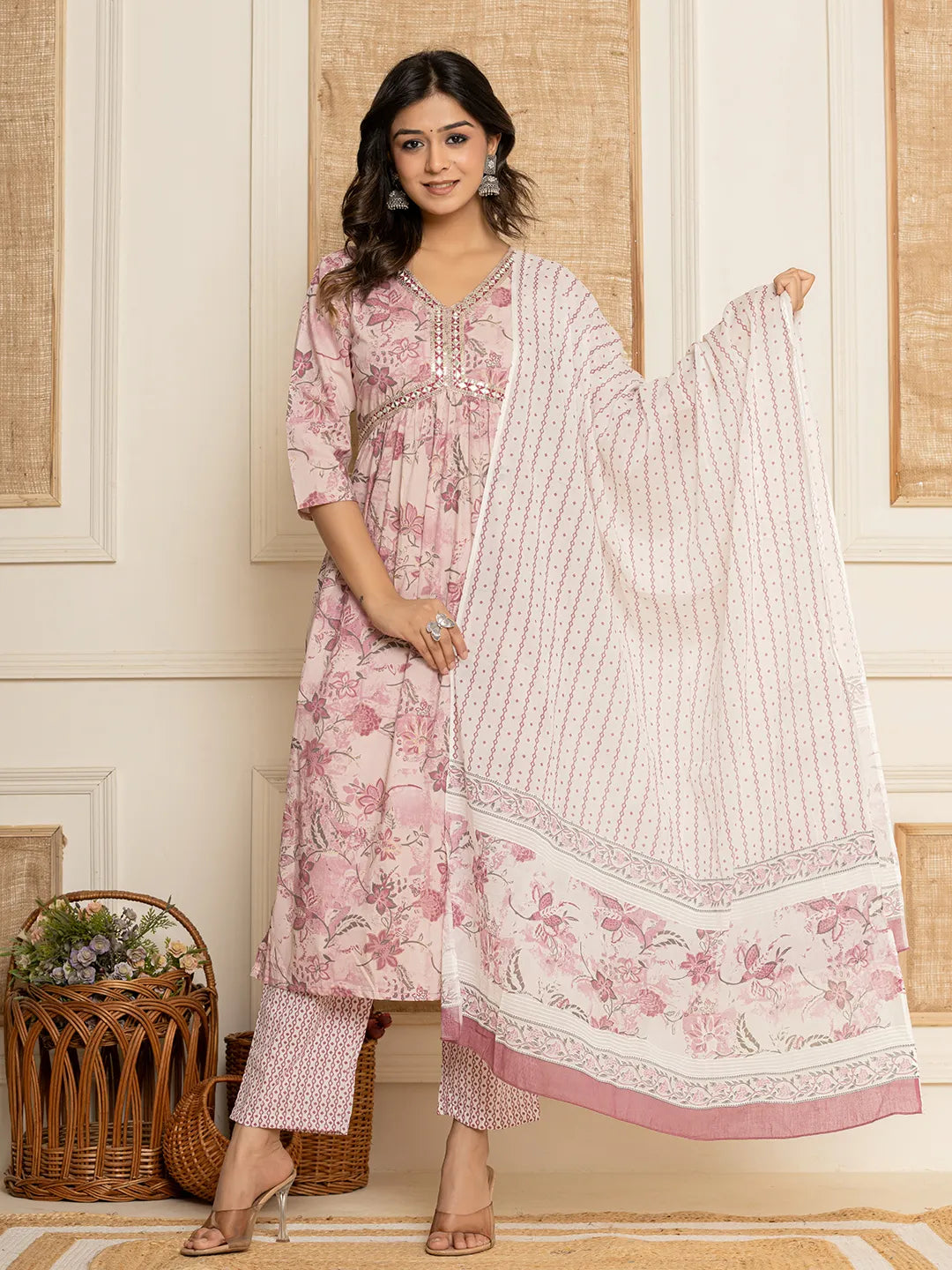 Pink Floral Print Cotton Alia-Cut Kurta And Trousers With Dupatta