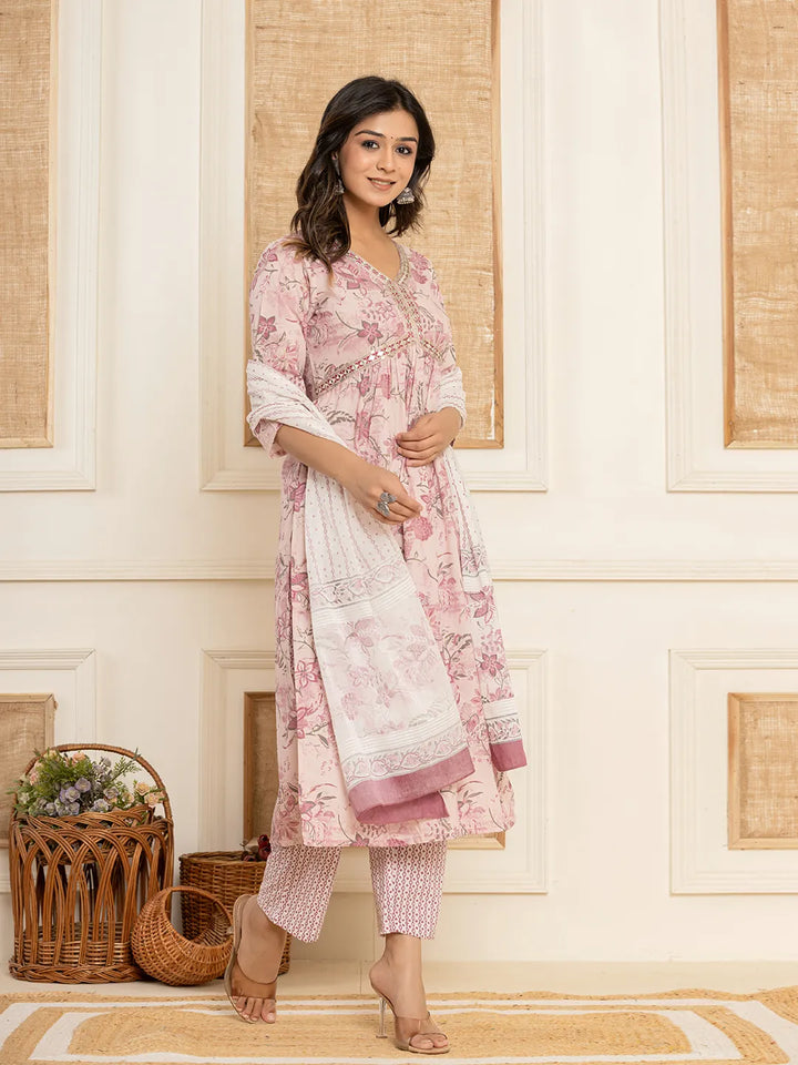 Pink Floral Print Cotton Alia-Cut Kurta And Trousers With Dupatta