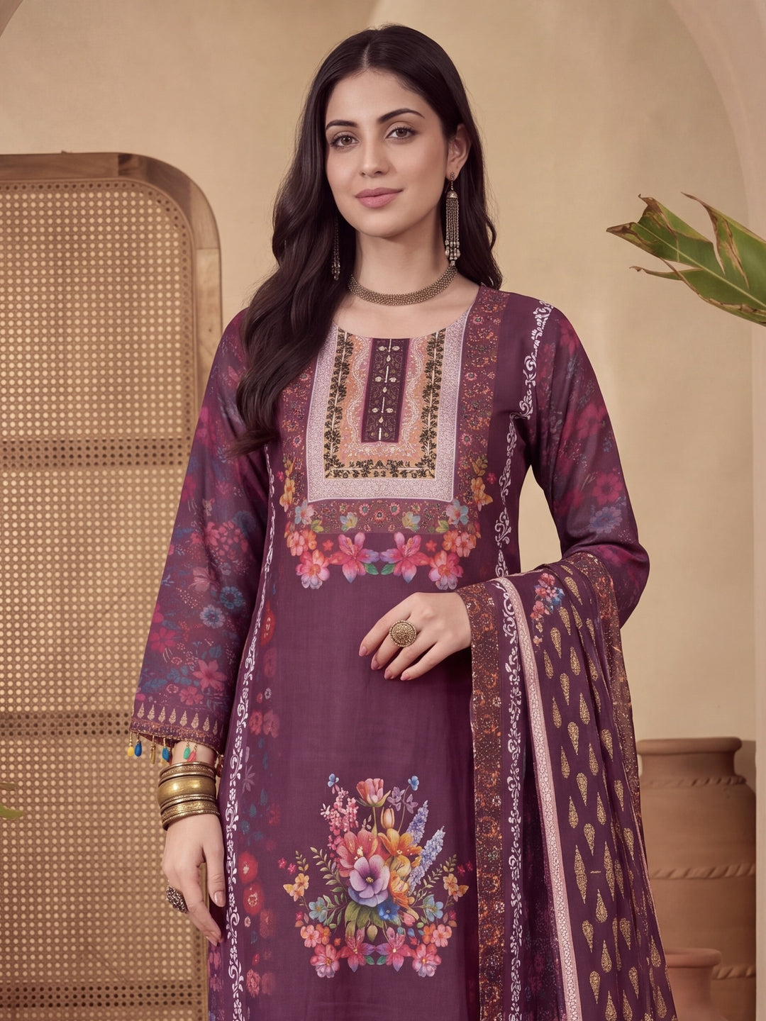 Poly Muslim Burgundy Kurta Dupatta Pant Set