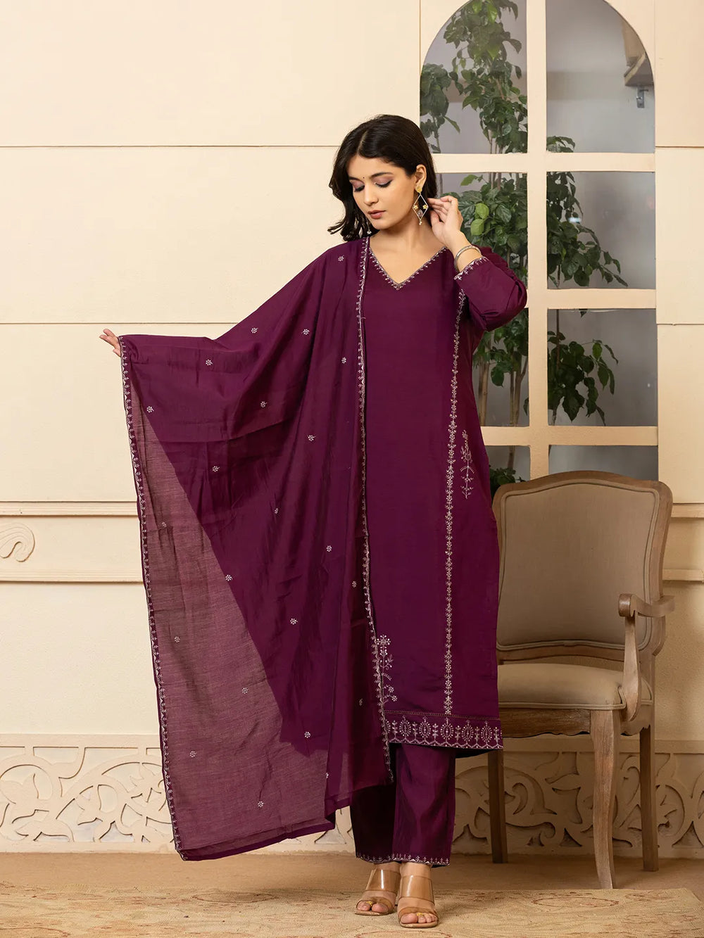 Burgundy roman silk kurta dupatta pant setoffline_sku-72-Yufta Store-A168SKDBUG