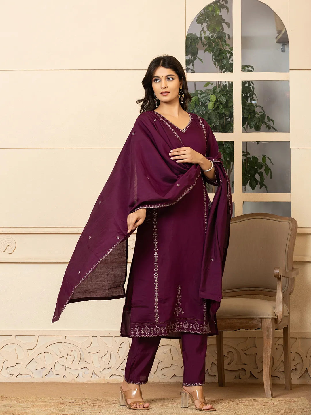 Burgundy roman silk kurta dupatta pant setoffline_sku-72-Yufta Store-A168SKDBUG