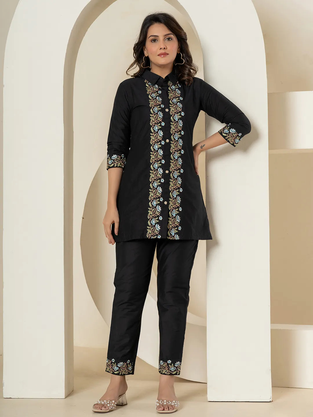 black thread_work shirt and trouser polyester co-ord setoffline_sku-64-Yufta Store-A193CRDBK