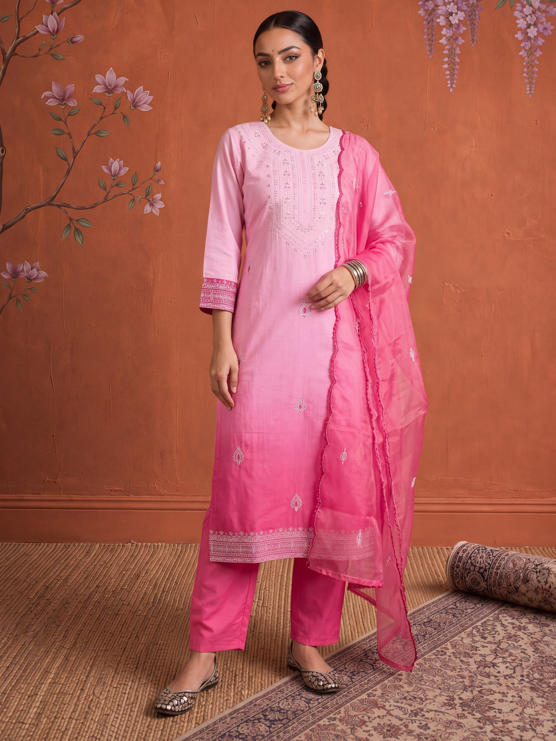 Silk Pink Kurta Dupatta Pant Set