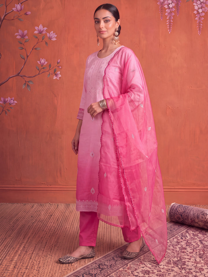 Silk Pink Kurta Dupatta Pant Set
