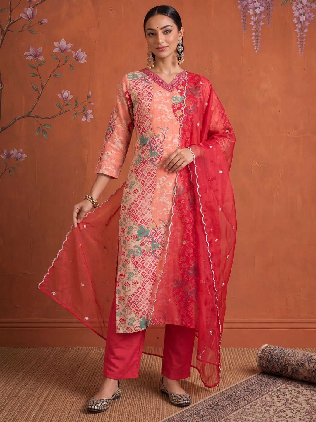 Silk Peach Kurta Dupatta Pant Set