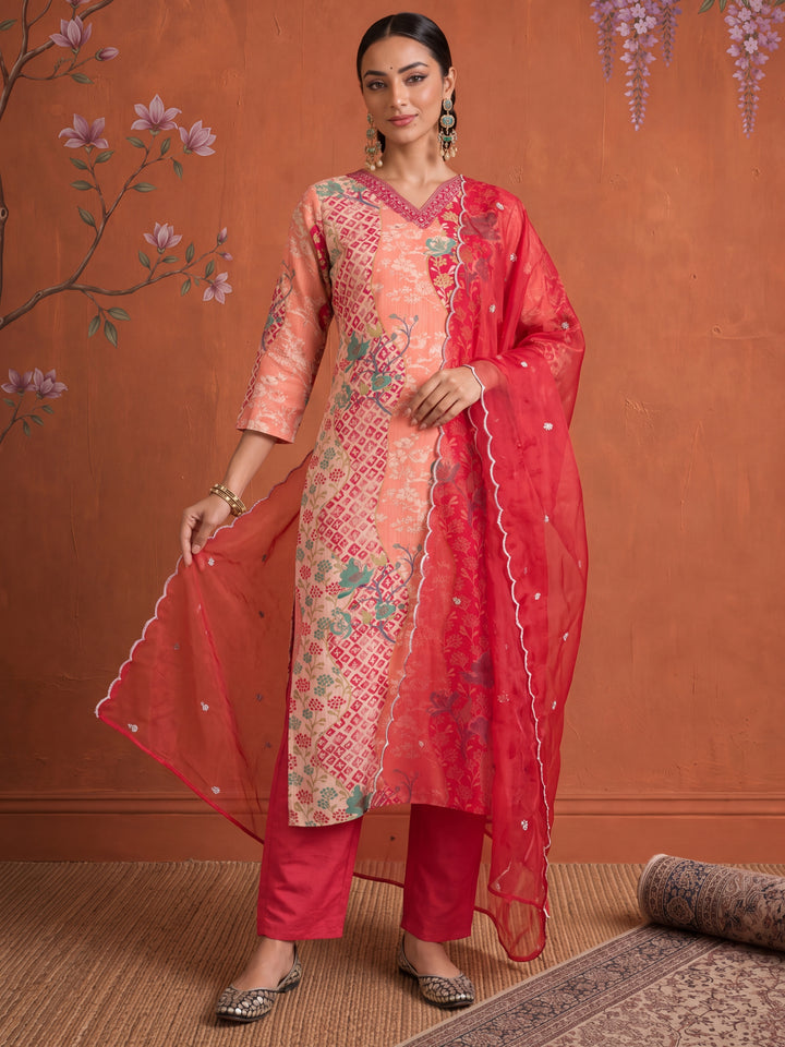 Silk Peach Kurta Dupatta Pant Set
