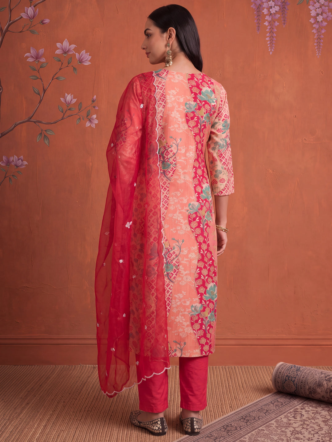 Silk Peach Kurta Dupatta Pant Set