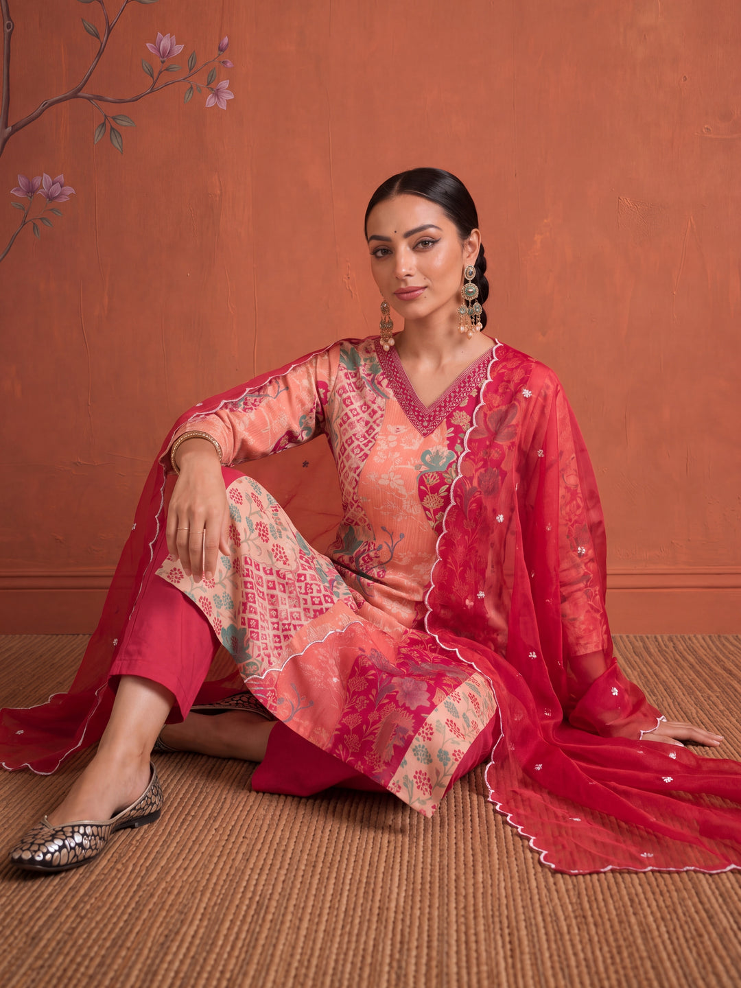 Silk Peach Kurta Dupatta Pant Set