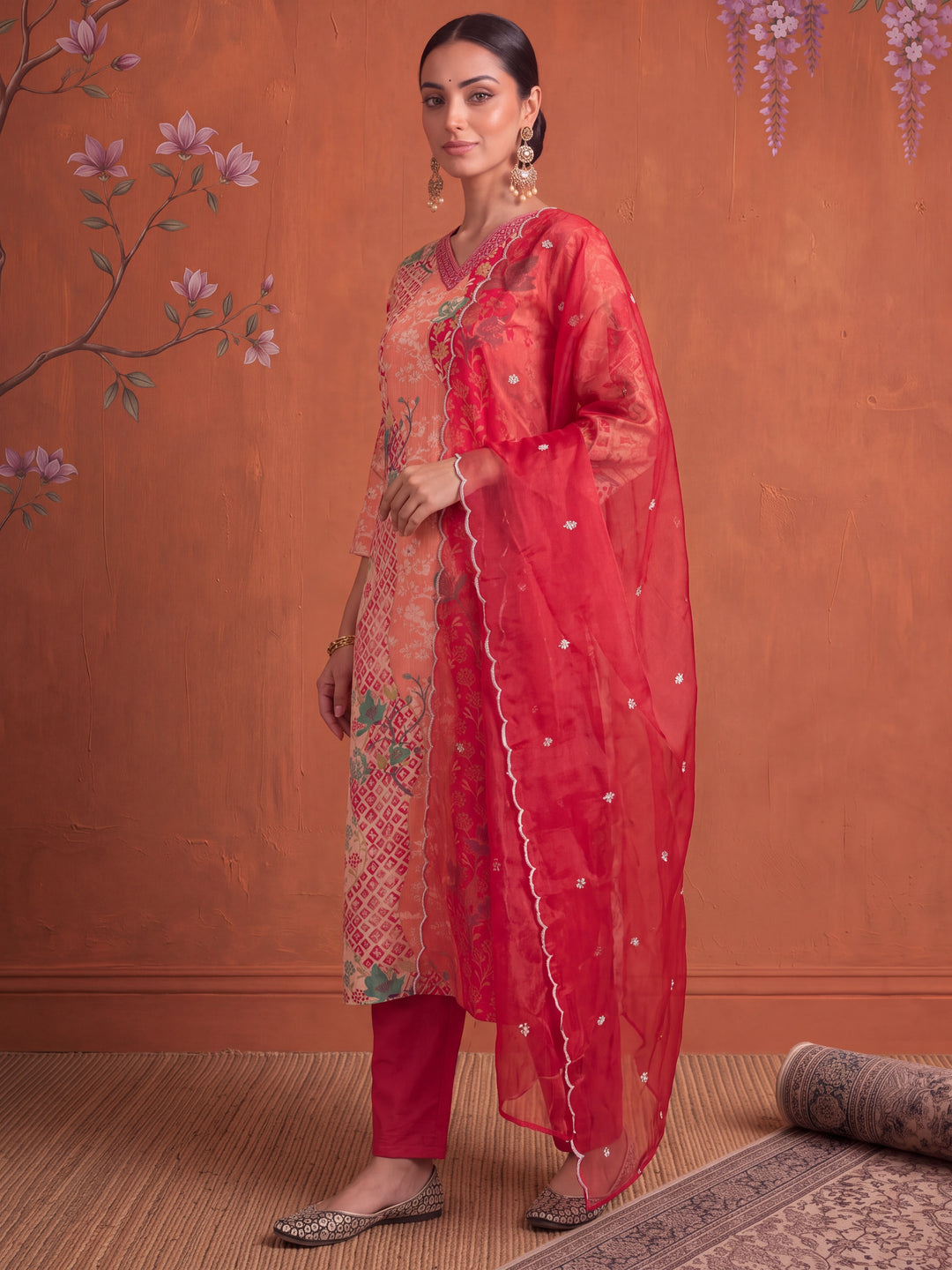 Silk Peach Kurta Dupatta Pant Set
