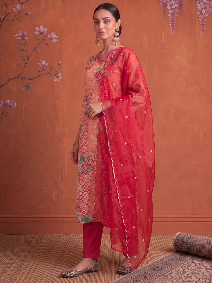 Silk Peach Kurta Dupatta Pant Set