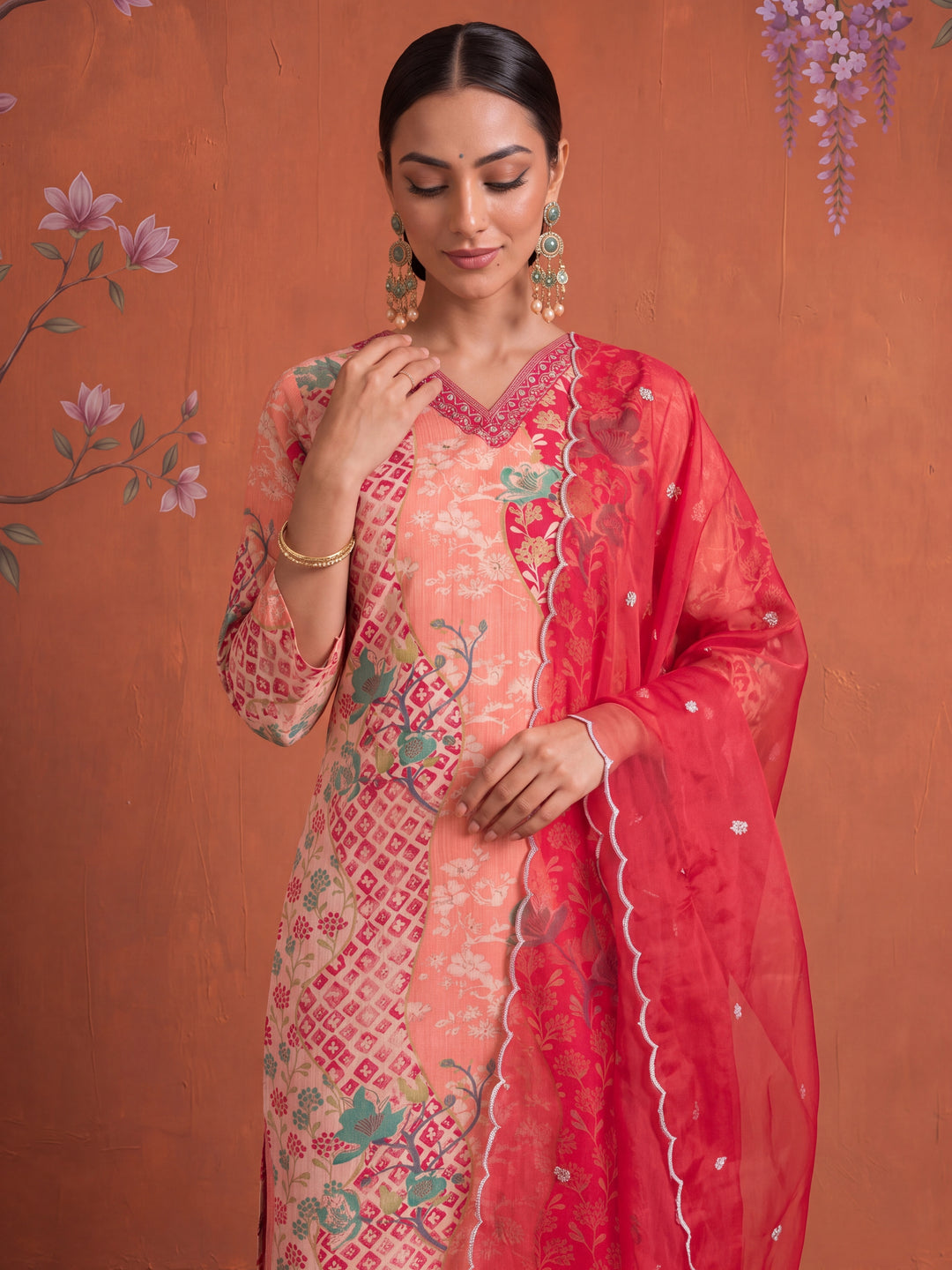 Silk Peach Kurta Dupatta Pant Set