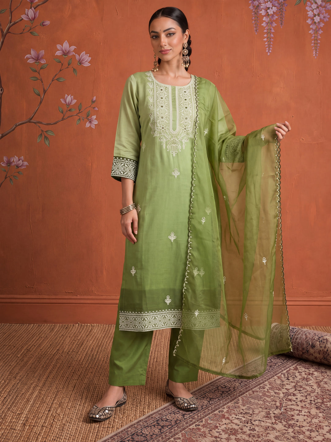 Silk Green Kurta Dupatta Pant Set