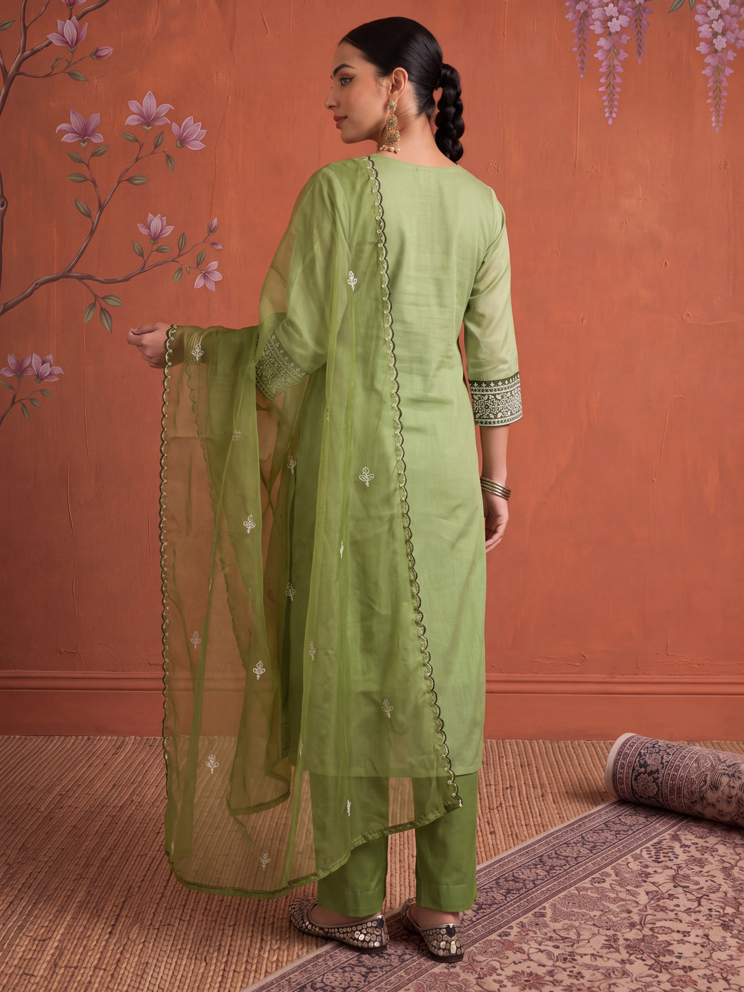 Silk Green Kurta Dupatta Pant Set