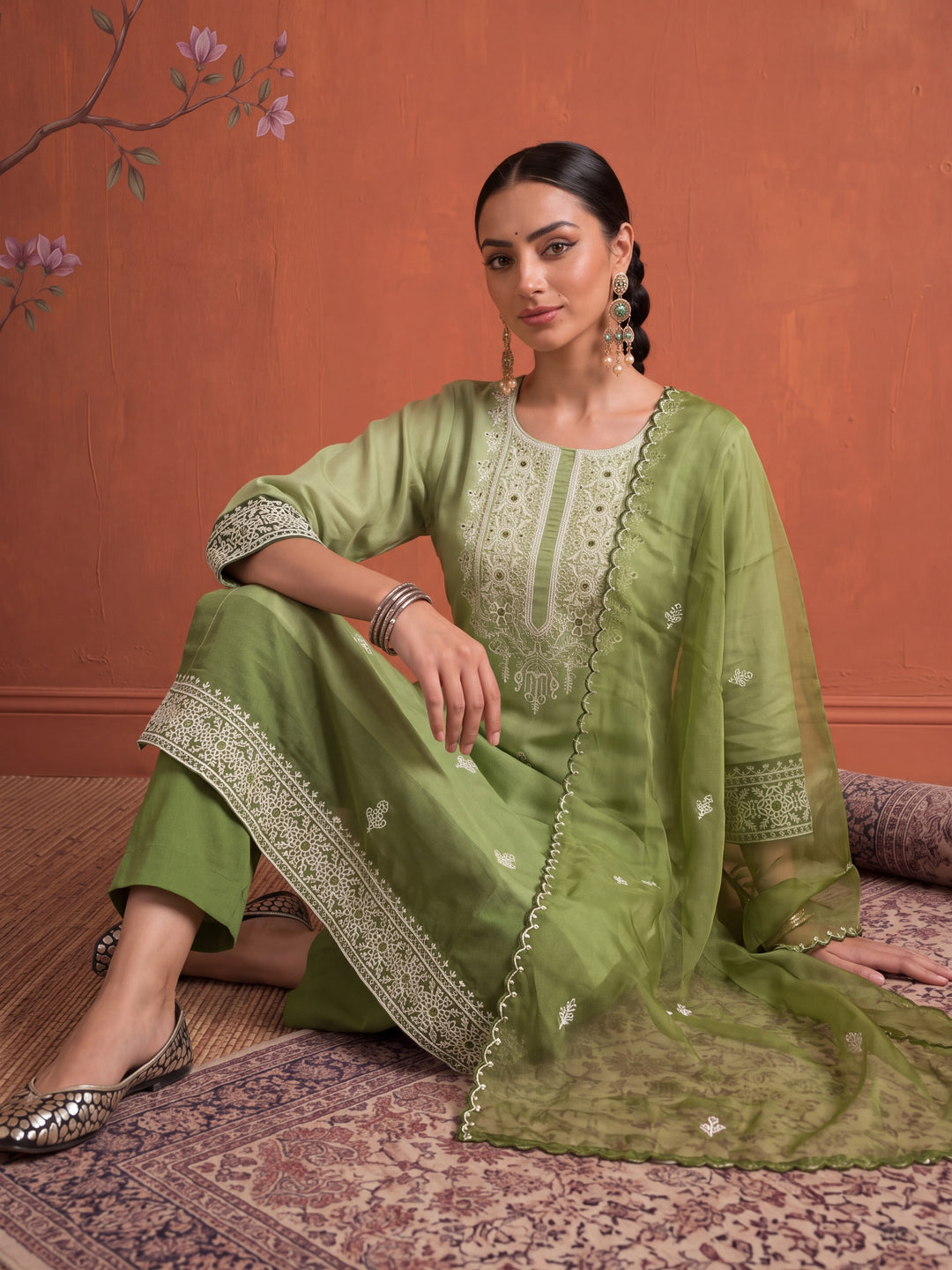 Silk Green Kurta Dupatta Pant Set