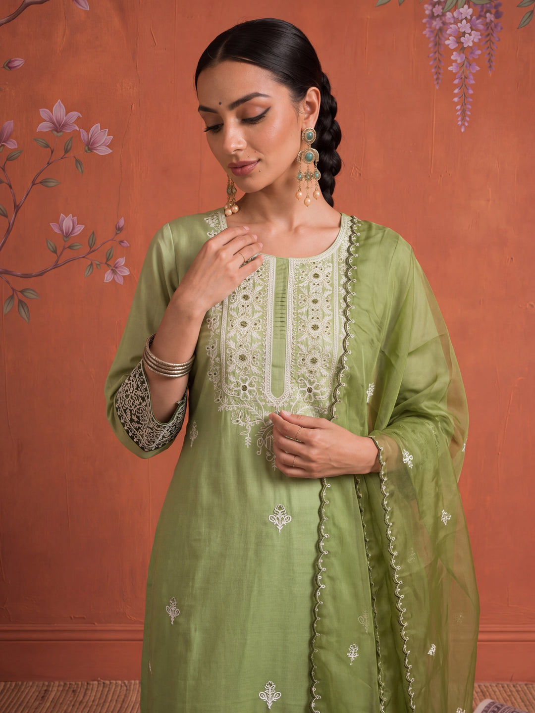 Silk Green Kurta Dupatta Pant Set