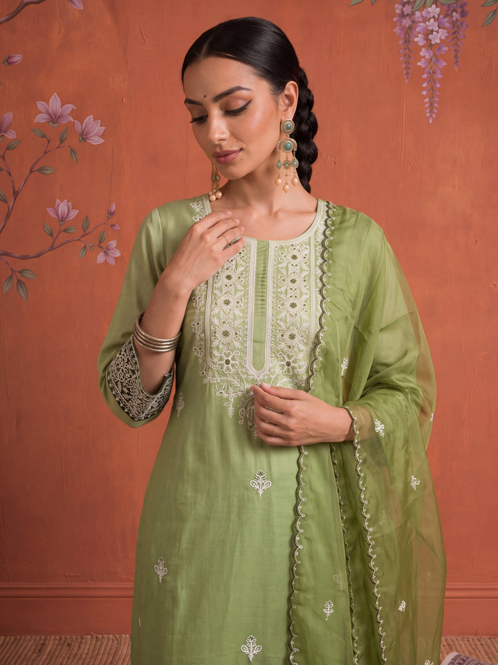Silk Green Kurta Dupatta Pant Set