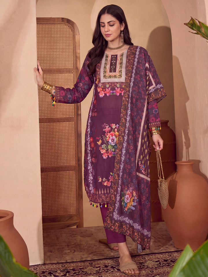 Poly Muslim Burgundy Kurta Dupatta Pant Set