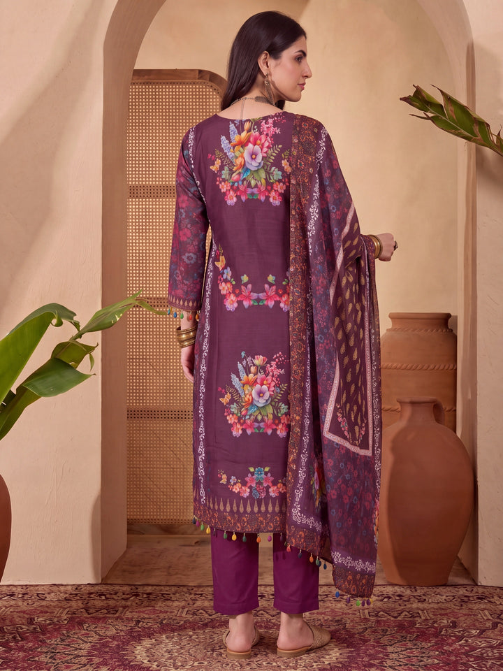 Poly Muslim Burgundy Kurta Dupatta Pant Set