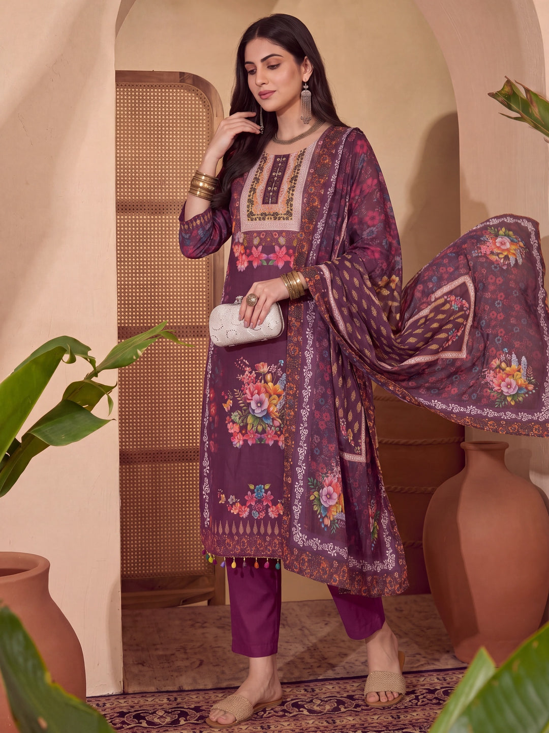 Poly Muslim Burgundy Kurta Dupatta Pant Set