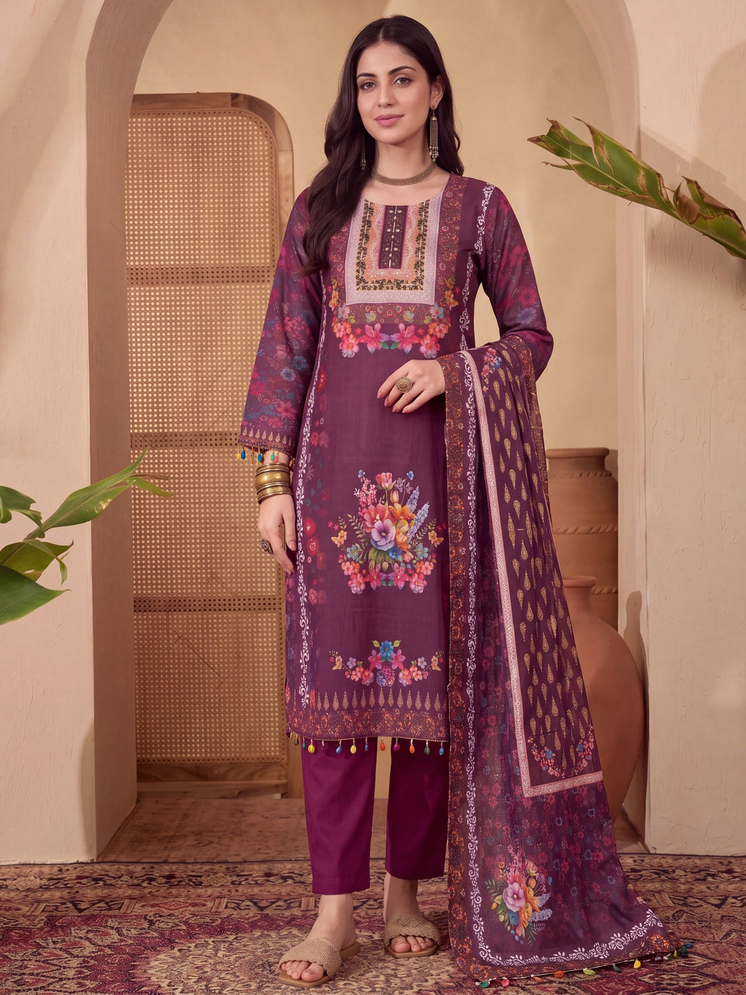 Poly Muslim Burgundy Kurta Dupatta Pant Set
