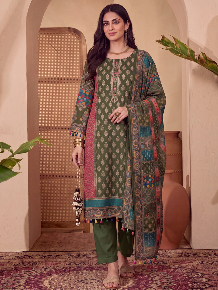 Poly Muslim Green Kurta Dupatta Pant Set
