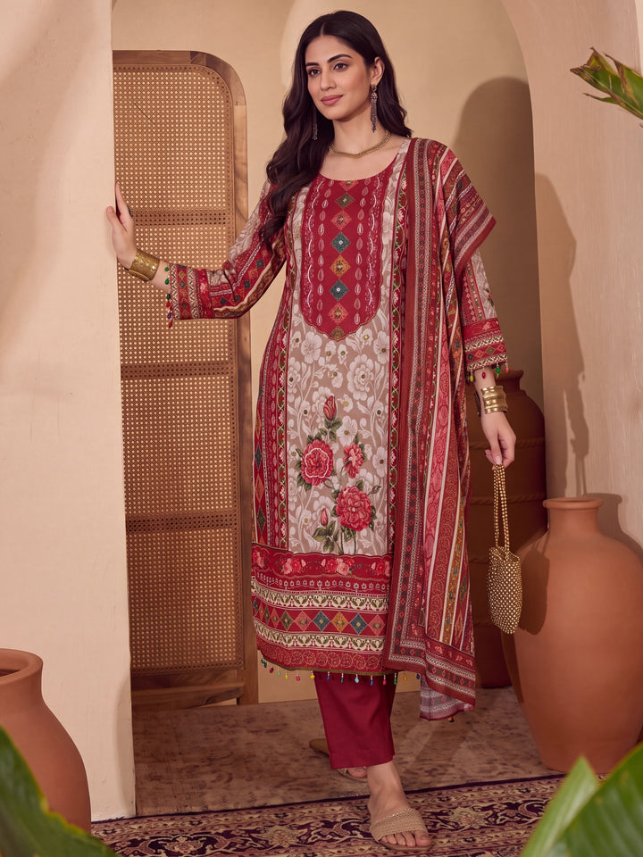 Poly Muslim Red Kurta Dupatta Pant Set