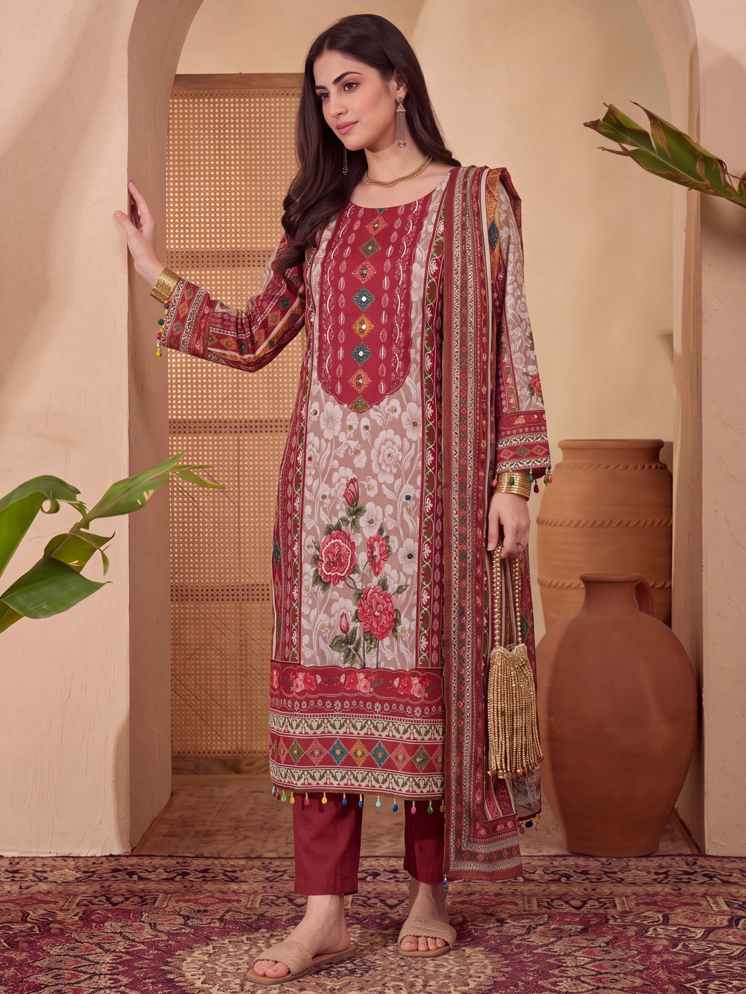 Poly Muslim Red Kurta Dupatta Pant Set