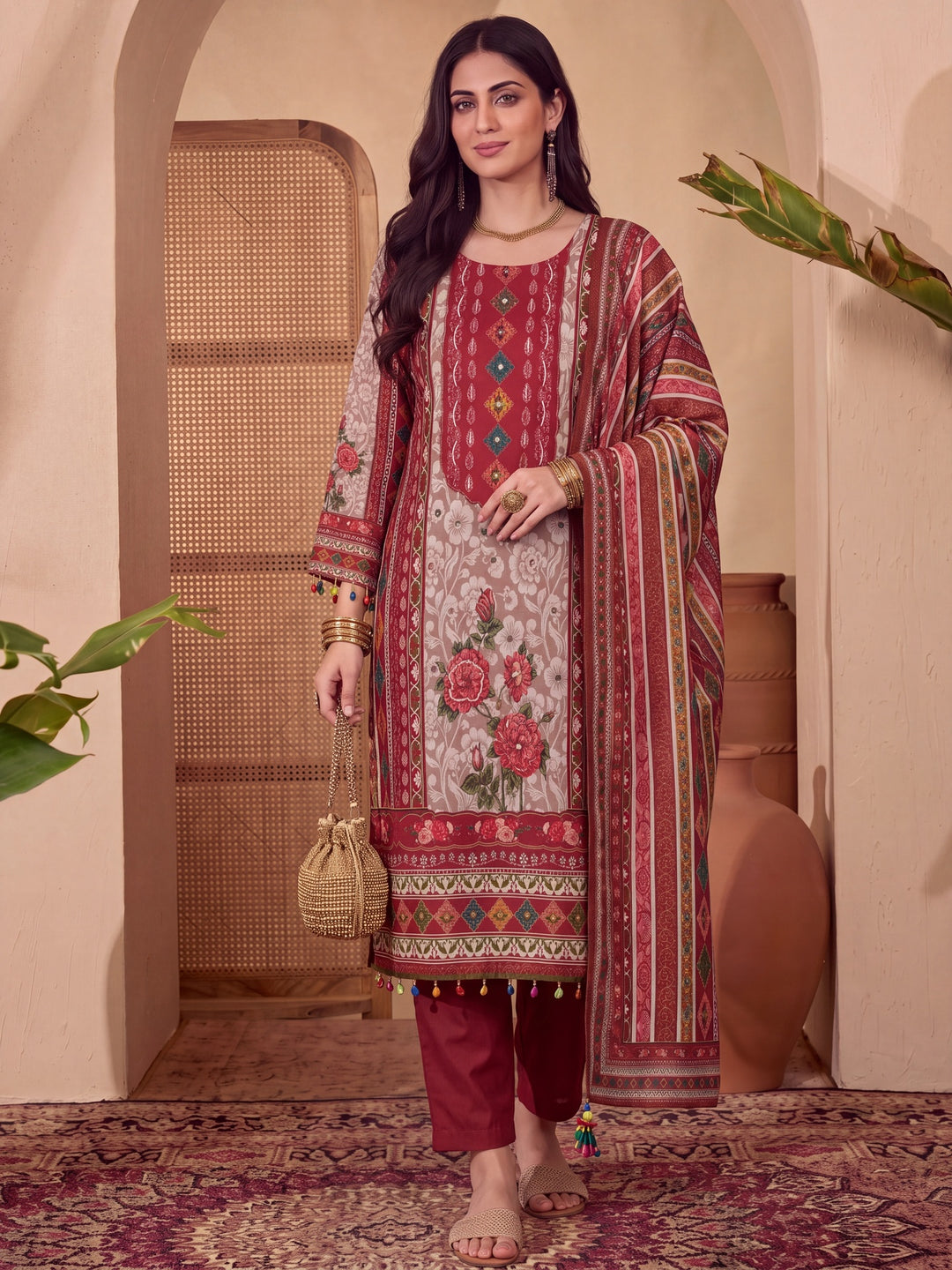Poly Muslim Red Kurta Dupatta Pant Set