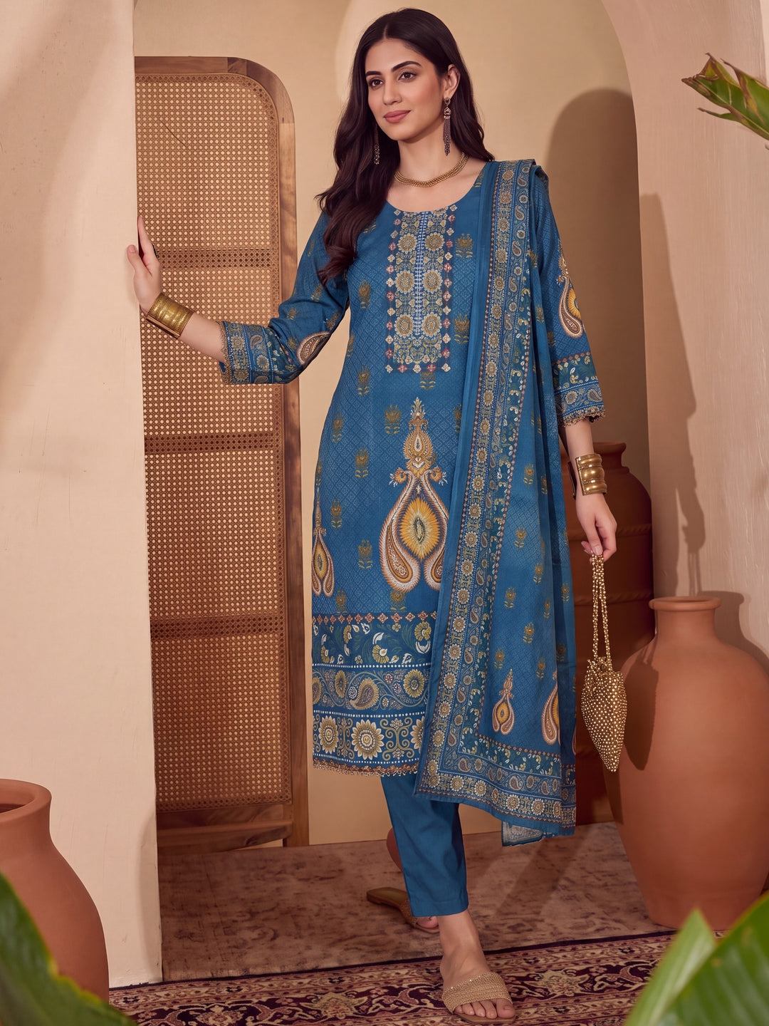 Poly Muslim Blue Kurta Dupatta Pant Set
