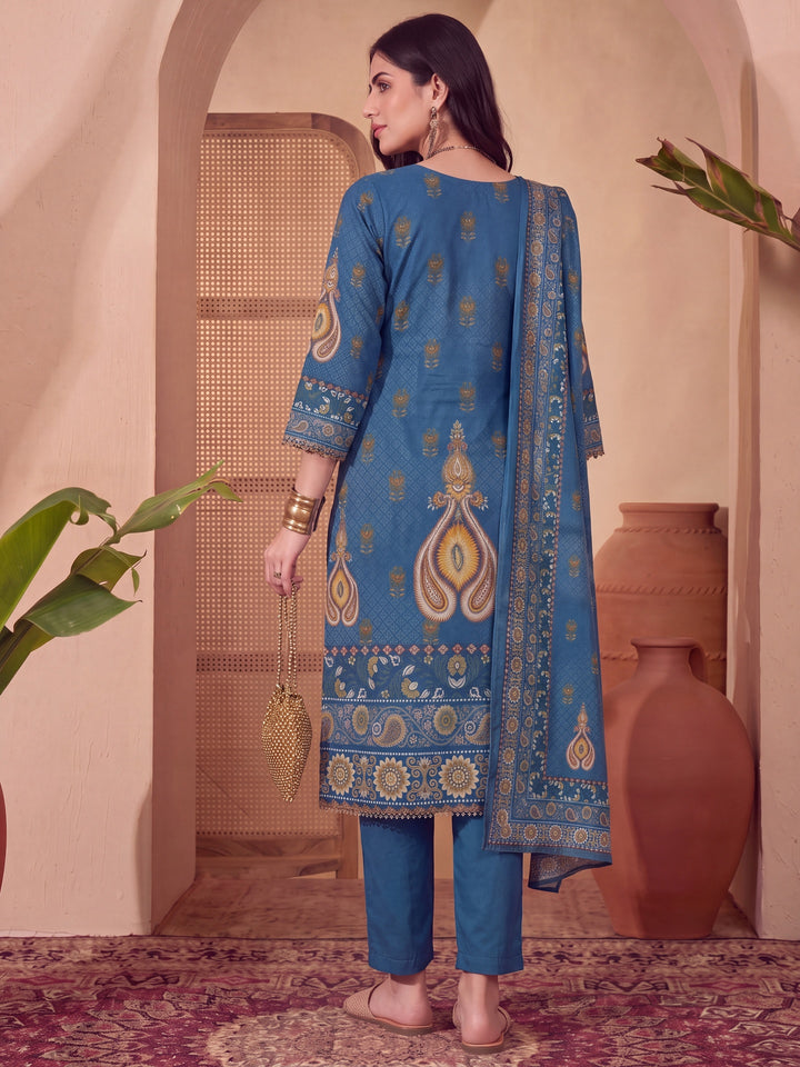 Poly Muslim Blue Kurta Dupatta Pant Set