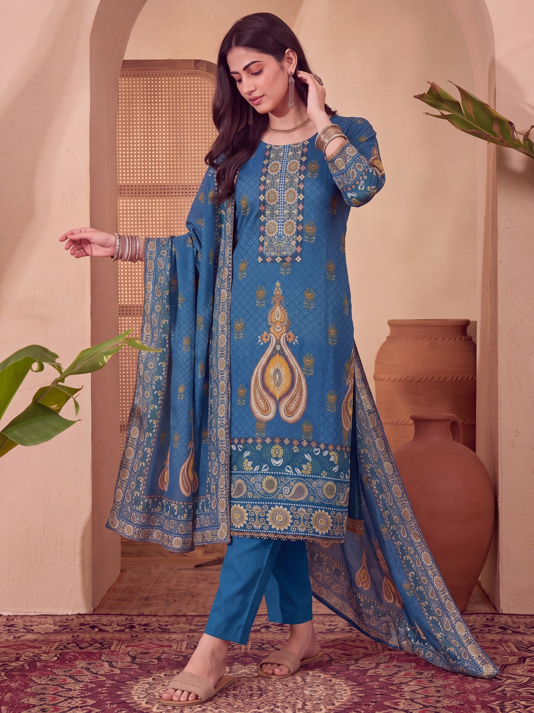 Poly Muslim Blue Kurta Dupatta Pant Set