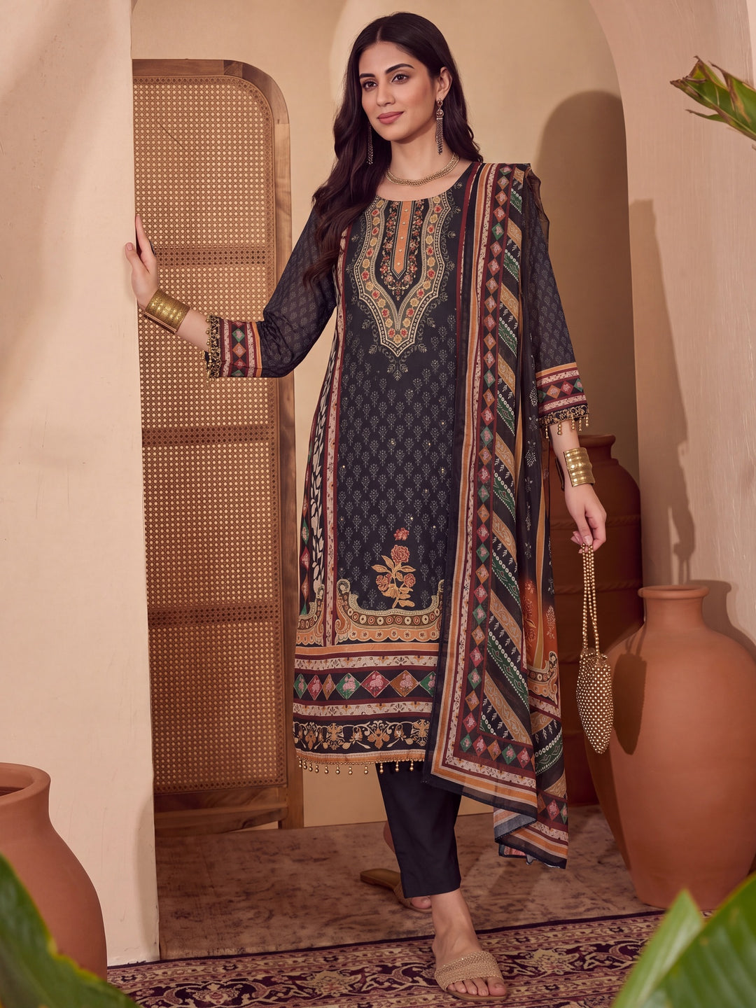 Poly Muslim Black Kurta Dupatta Pant Set