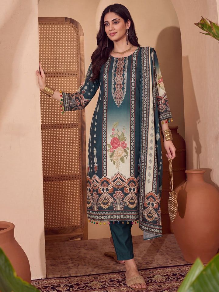 Poly Muslim Teal Blue Kurta Dupatta Pant Set