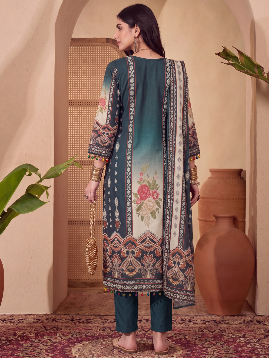 Poly Muslim Teal Blue Kurta Dupatta Pant Set