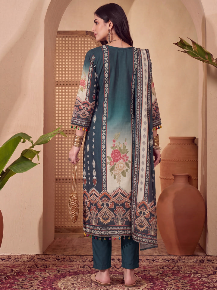 Poly Muslim Teal Blue Kurta Dupatta Pant Set