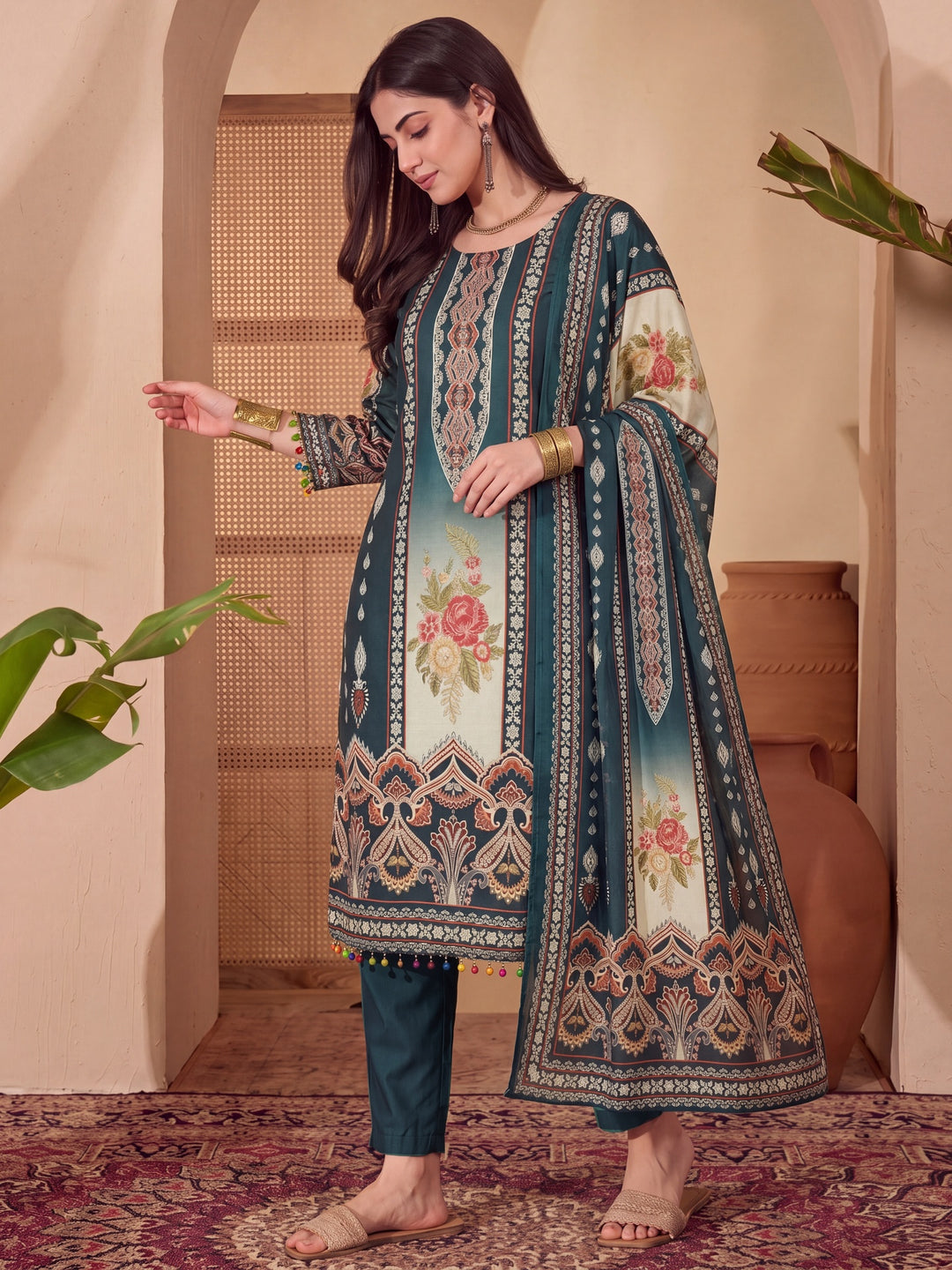 Poly Muslim Teal Blue Kurta Dupatta Pant Set