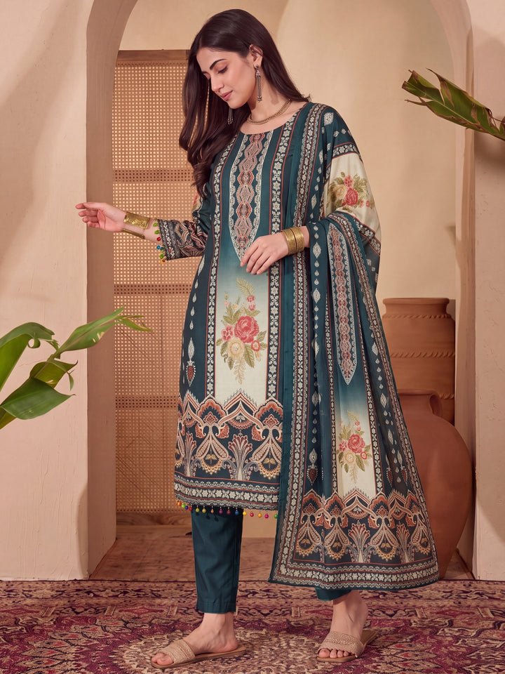 Poly Muslim Teal Blue Kurta Dupatta Pant Set