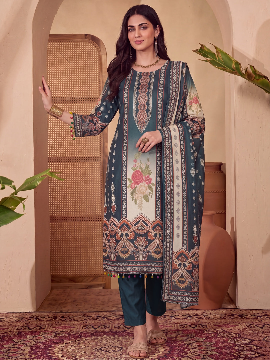 Poly Muslim Teal Blue Kurta Dupatta Pant Set