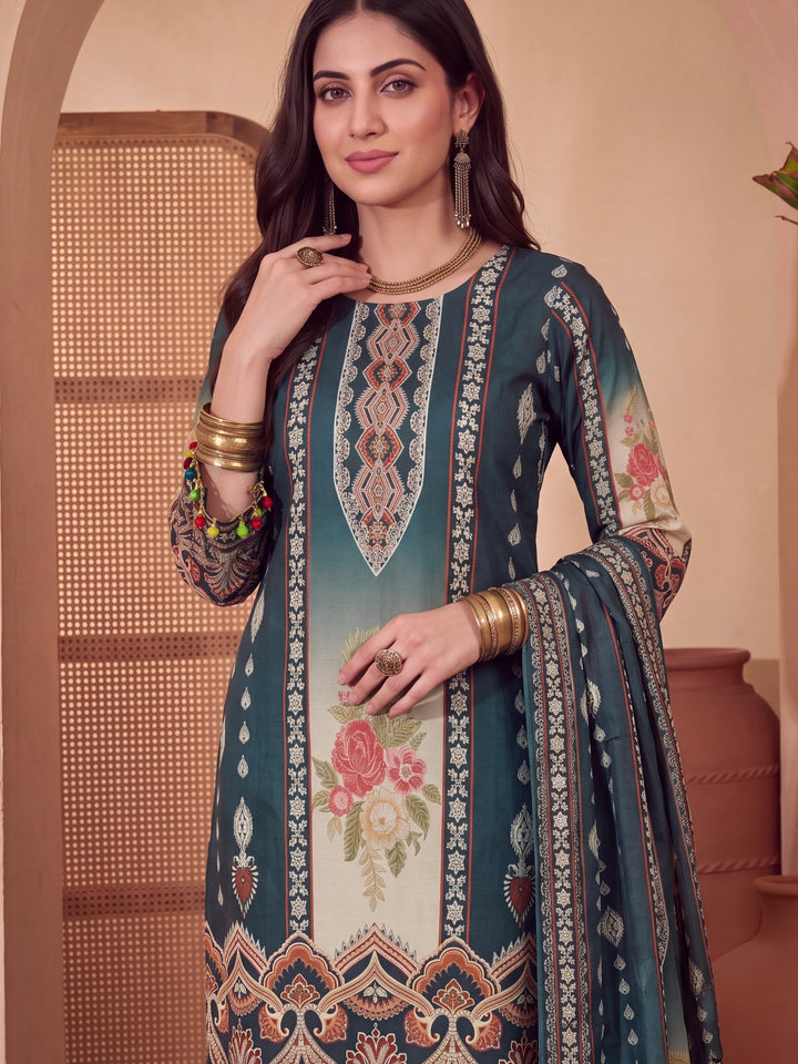 Poly Muslim Teal Blue Kurta Dupatta Pant Set