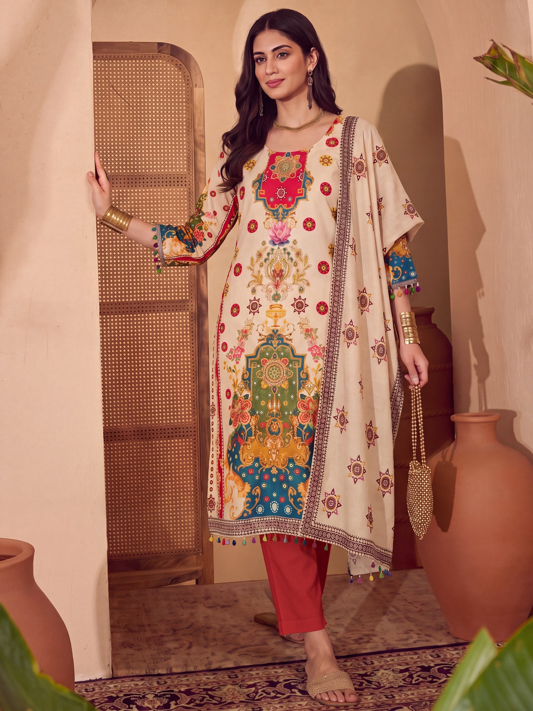 Poly Muslim Cream Kurta Dupatta Pant Set