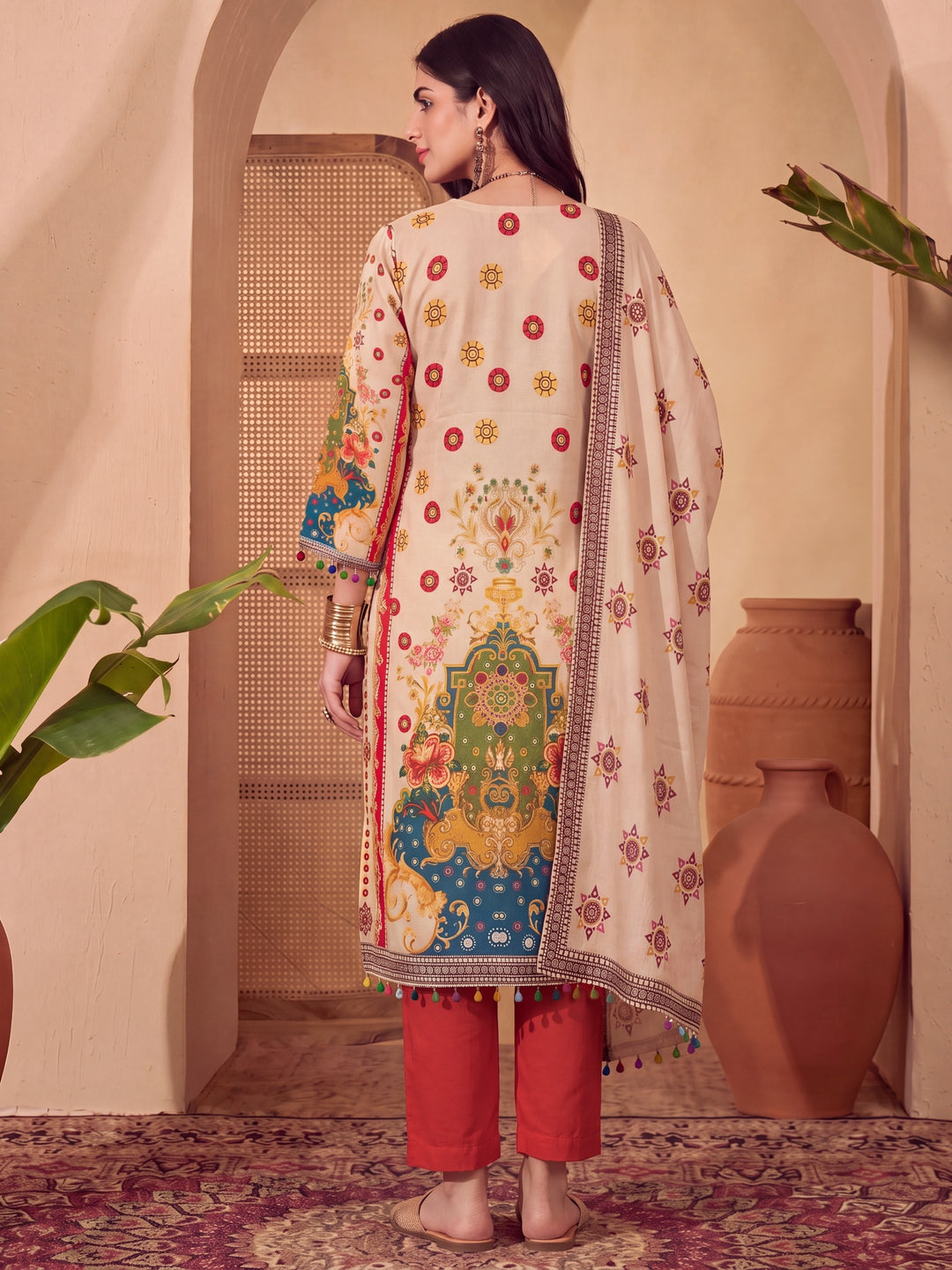 Poly Muslim Cream Kurta Dupatta Pant Set