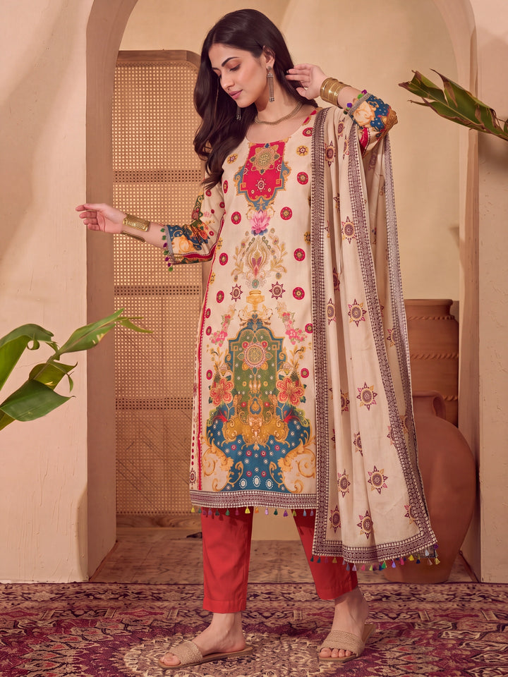 Poly Muslim Cream Kurta Dupatta Pant Set