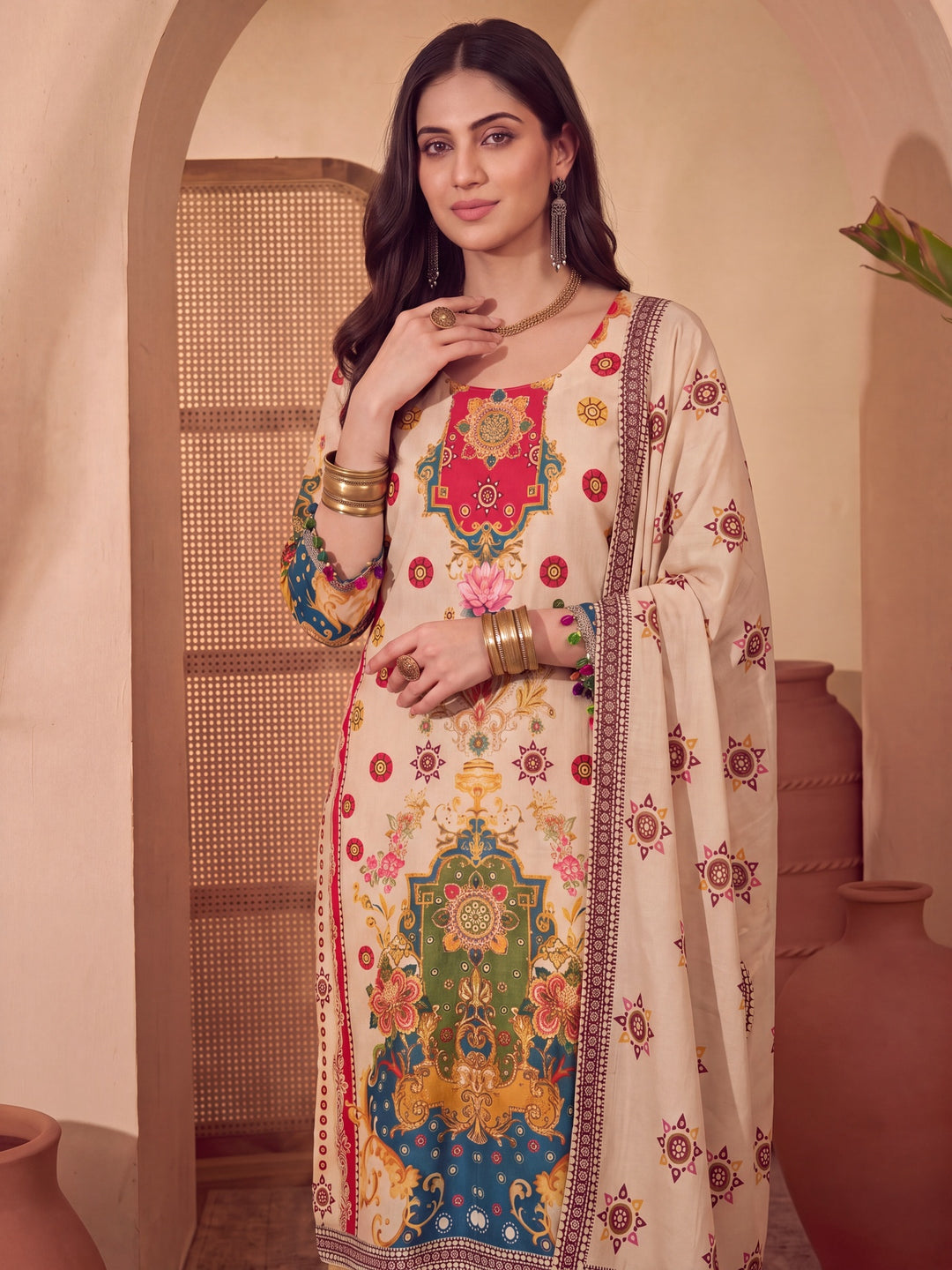 Poly Muslim Cream Kurta Dupatta Pant Set