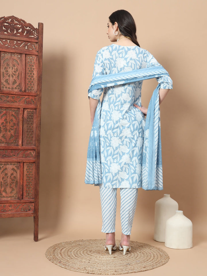 BLUE Cotton Floral Print Kurta Set Dupatta With Embroidery-Yufta Store-1602SKDBLS