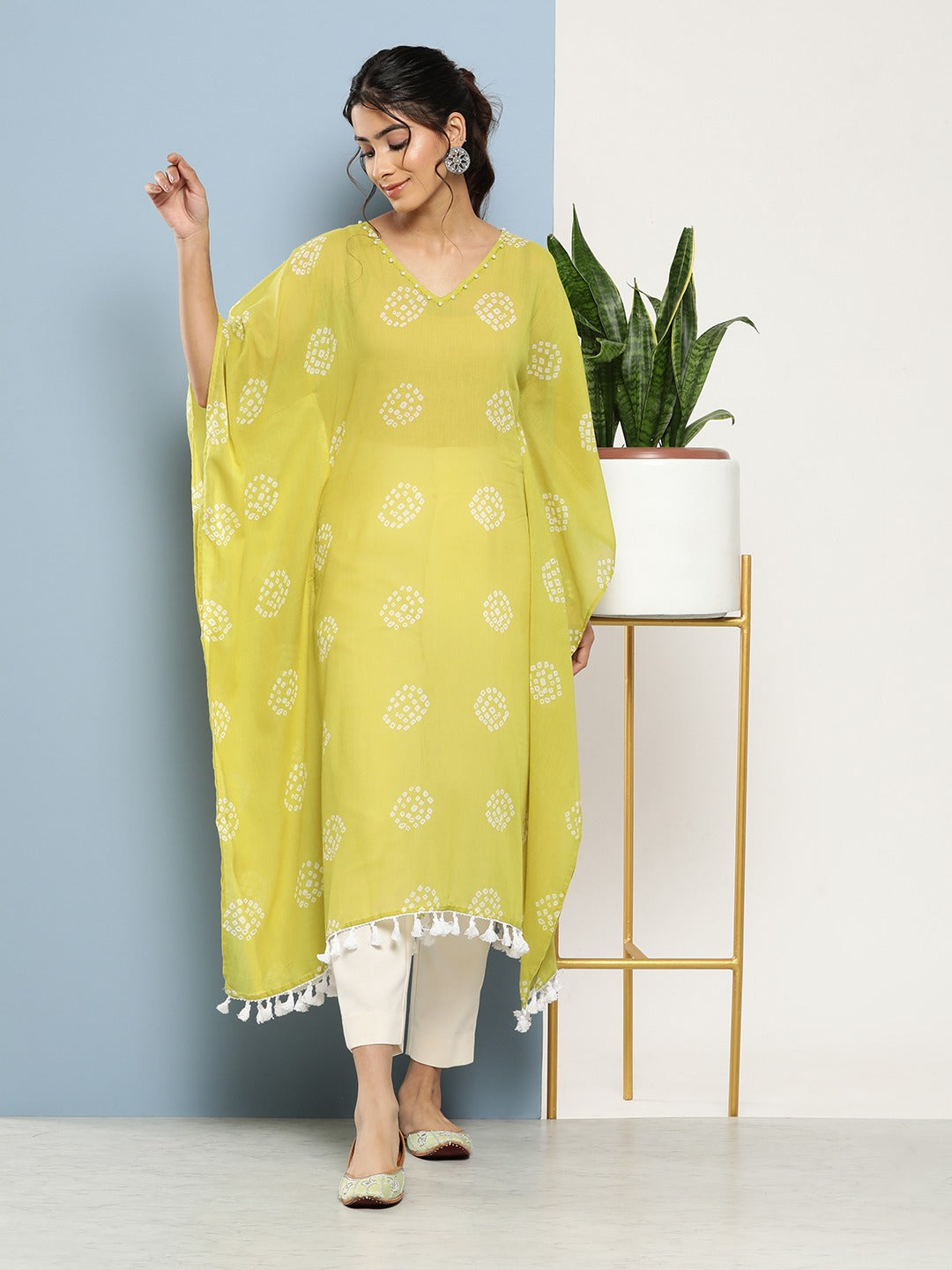 Bandhani Green Printed Kaftan Kurta-Yufta Store-1216KFTGRS