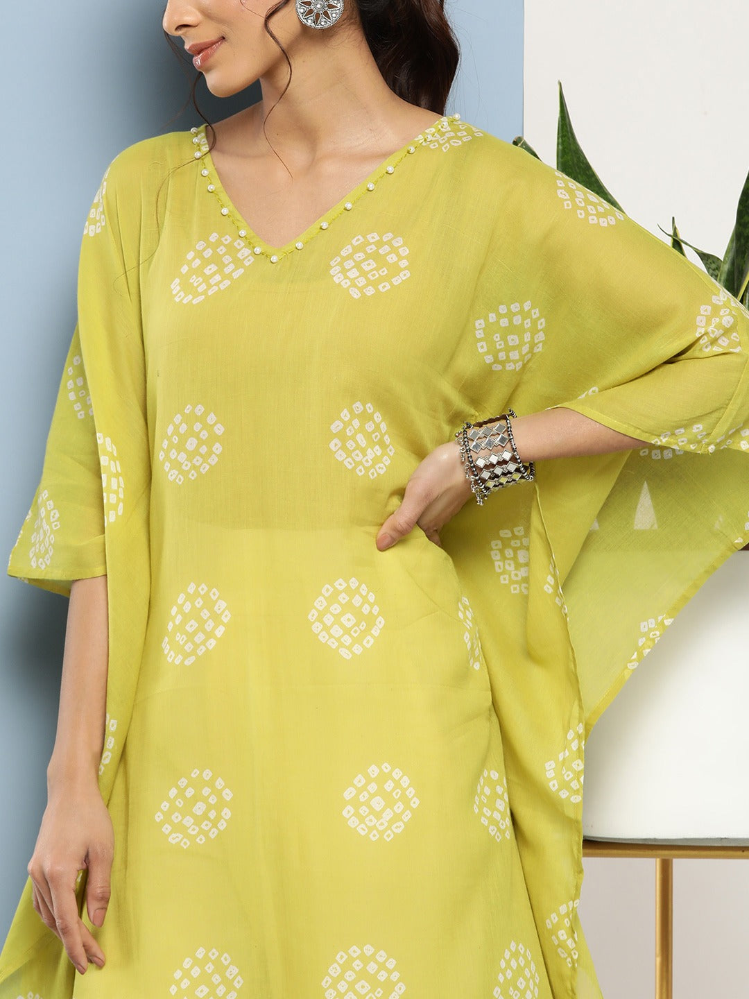 Bandhani Green Printed Kaftan Kurta-Yufta Store-1216KFTGRS